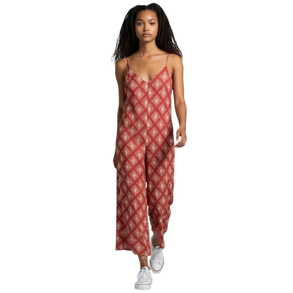 Zara The Jami Jumpsuit Sz L Wide Leg Block Print Cotton Summer Resort Boho